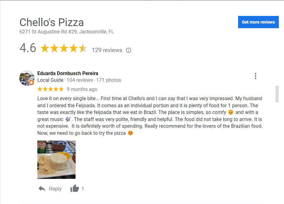 Chellos Pizza Google Review